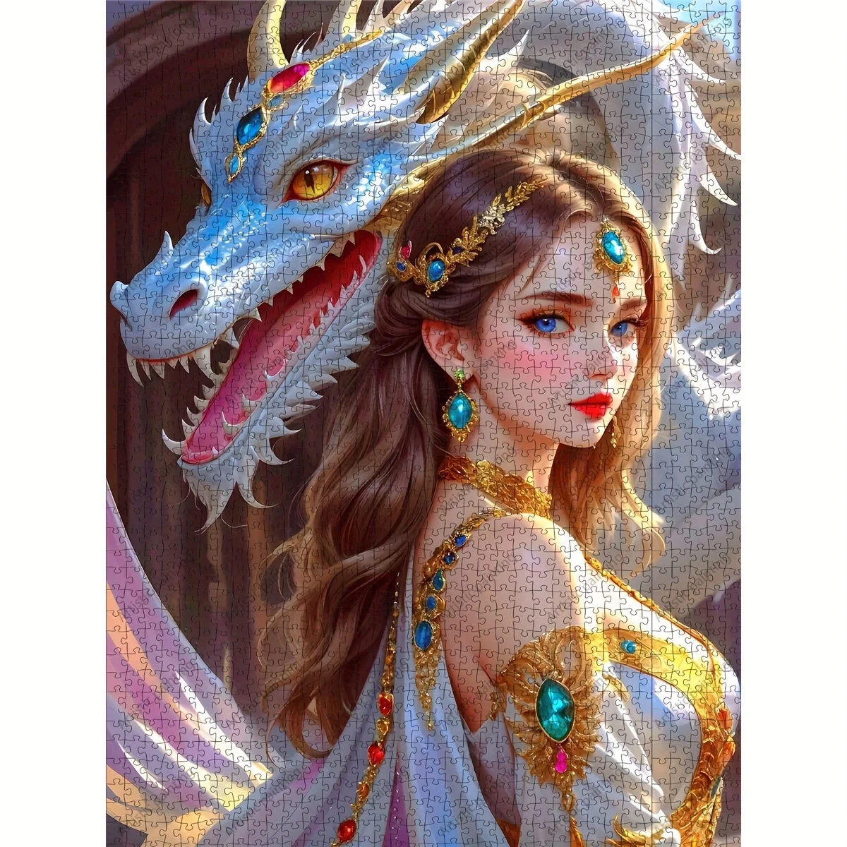 Fantasy Princess with White Dragon Scene Jigsaw Puzzle Adult Fantasy Theme Intellectual Game Home Leisure Decorative Puzzle Toy