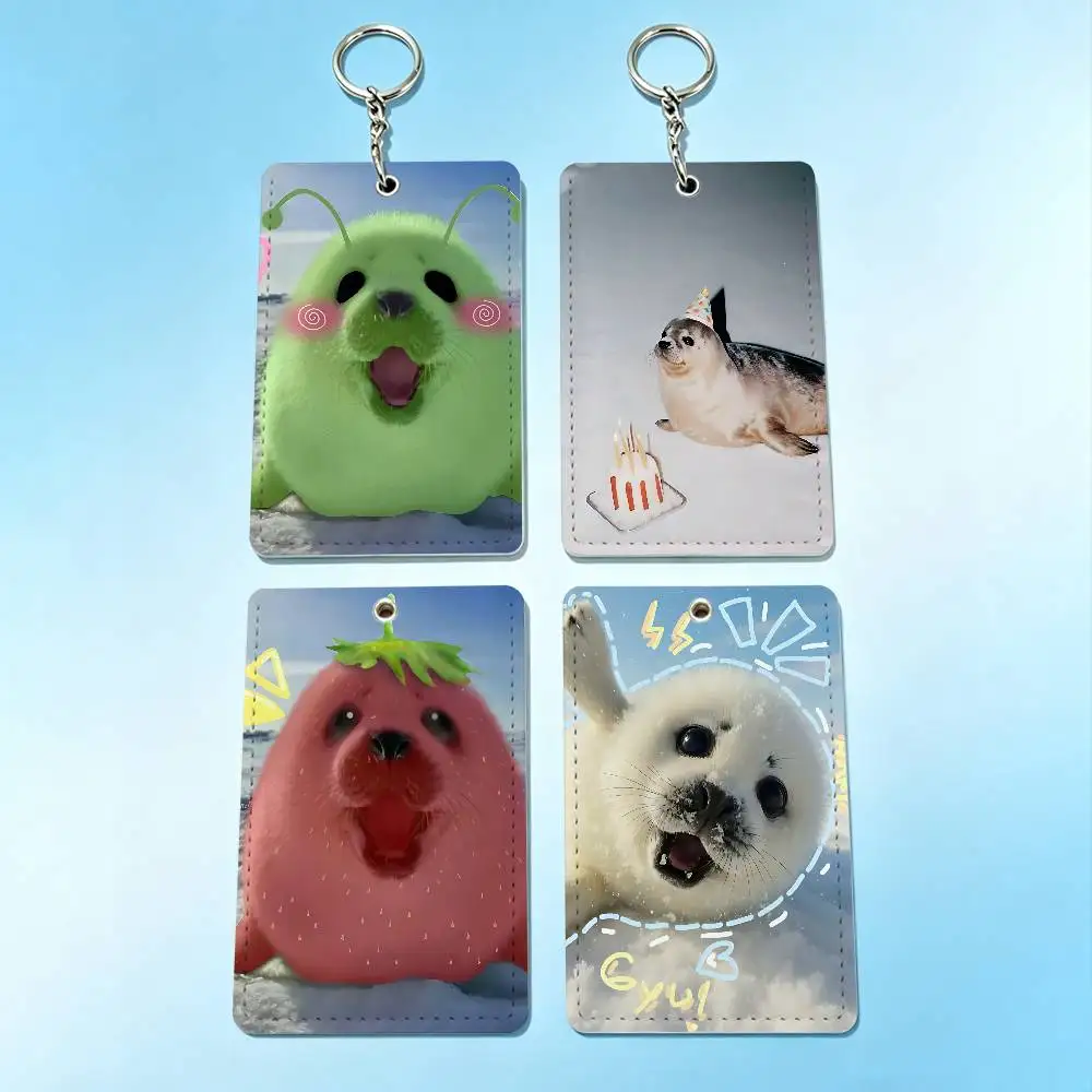 

Seal Sea Cute MeMe Card Case Leather Card Holder Keychain Key Ring Door Access Tags ID Card Case Keychain