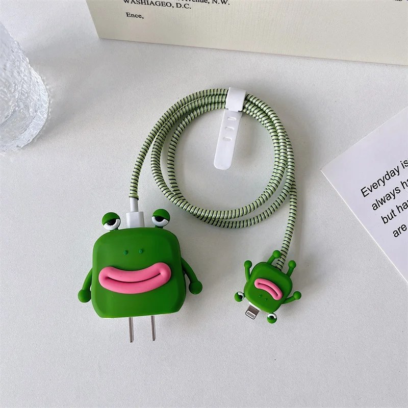 Cartoon Cute Funny Frog Soft Silicone Charger Protective Case For IPhone 11 13 14 18W-20W Fast Charge Protection Charger Cover