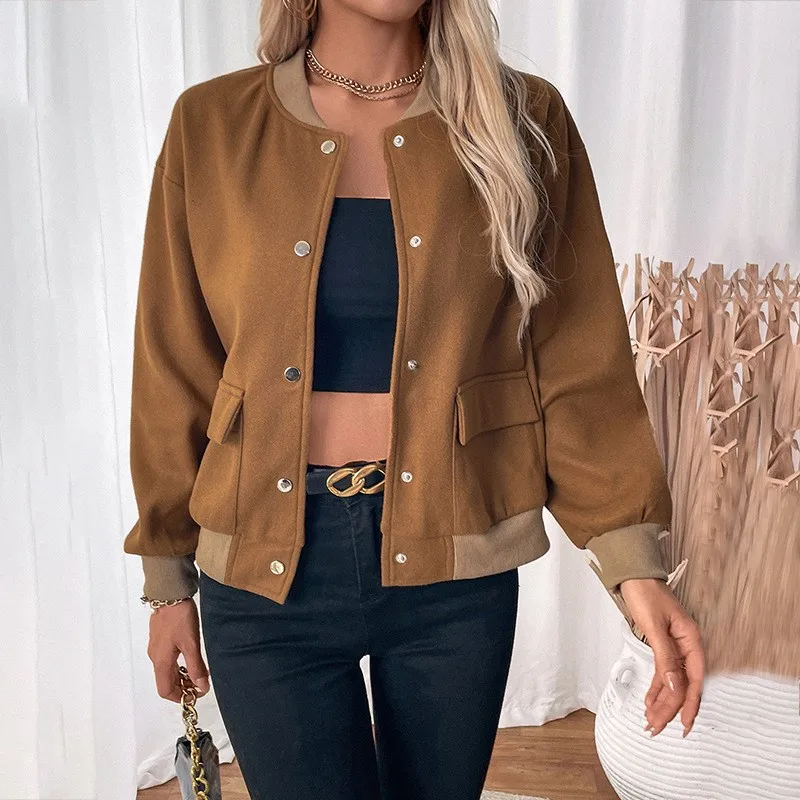 Autumn Khaki Long Sleeve Women's Bomber Jacket Fashion Single Breasted Vintage Coat Tops Elegant Loose Basic Ladies Jackets