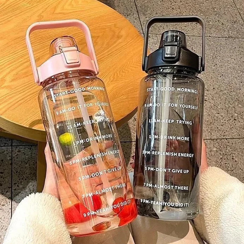 

2L Portable Plastic Water Bottle with Straw Big Fat Cup for Outdoor Sports Fitness Adult High Value Water Cup with Time Marker