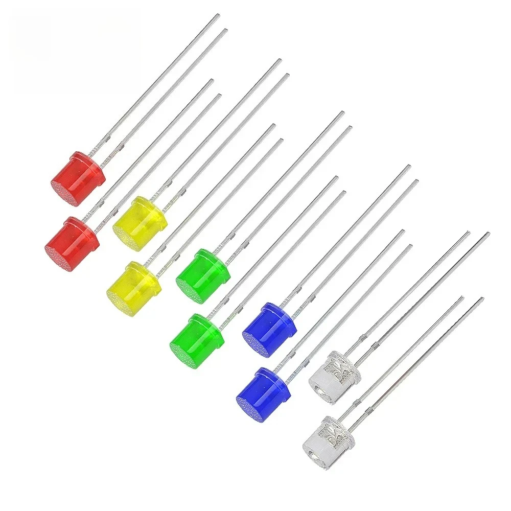 100pcs 5mm Flat Top LED Diode 5Colors F5 Bulb Lamps Red Yellow Blue Green White Light Emitting Diodes Kit