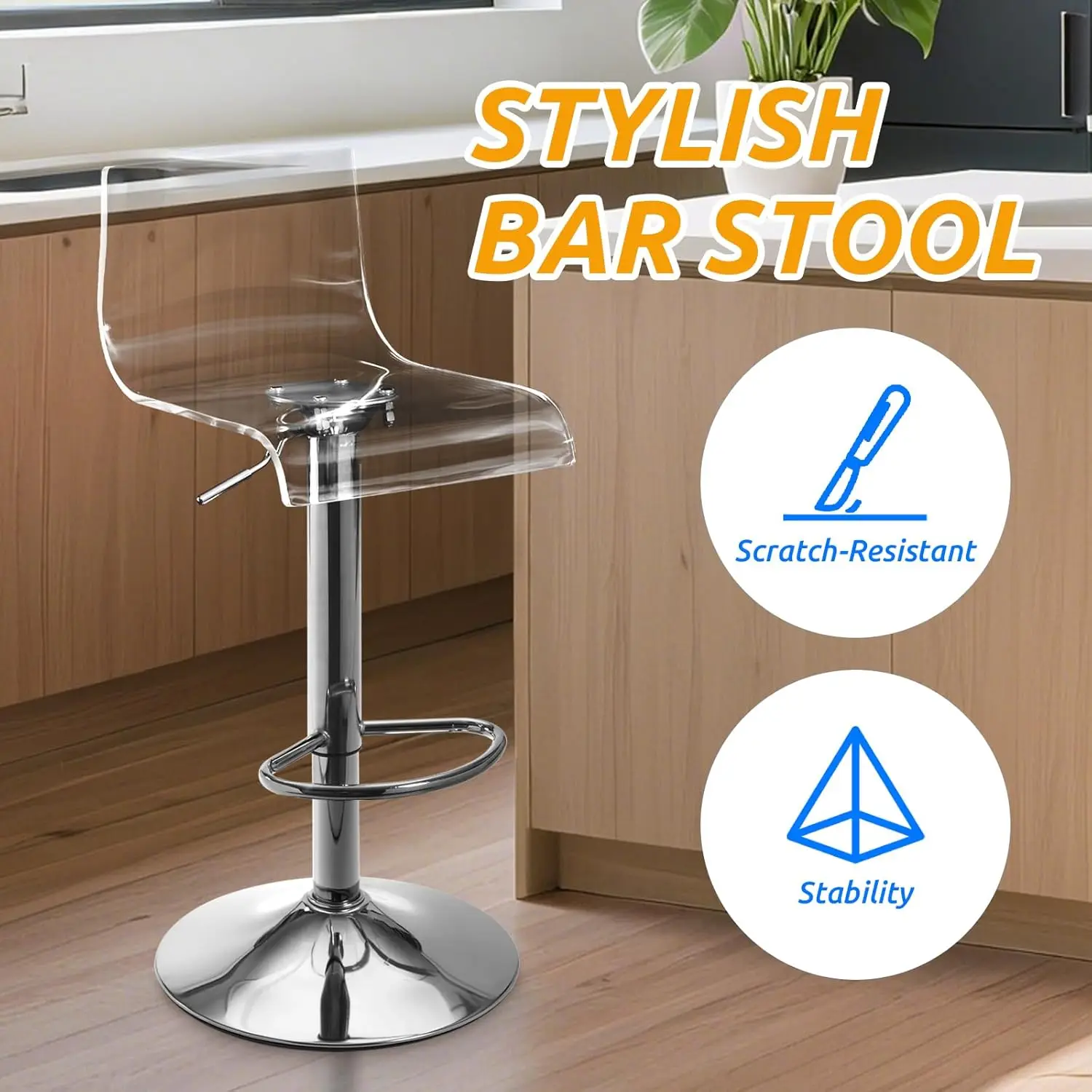 Clear Acrylic Adjustable Swivel Bar Stools Set of 2 for Kitchen Dining Room, Customized