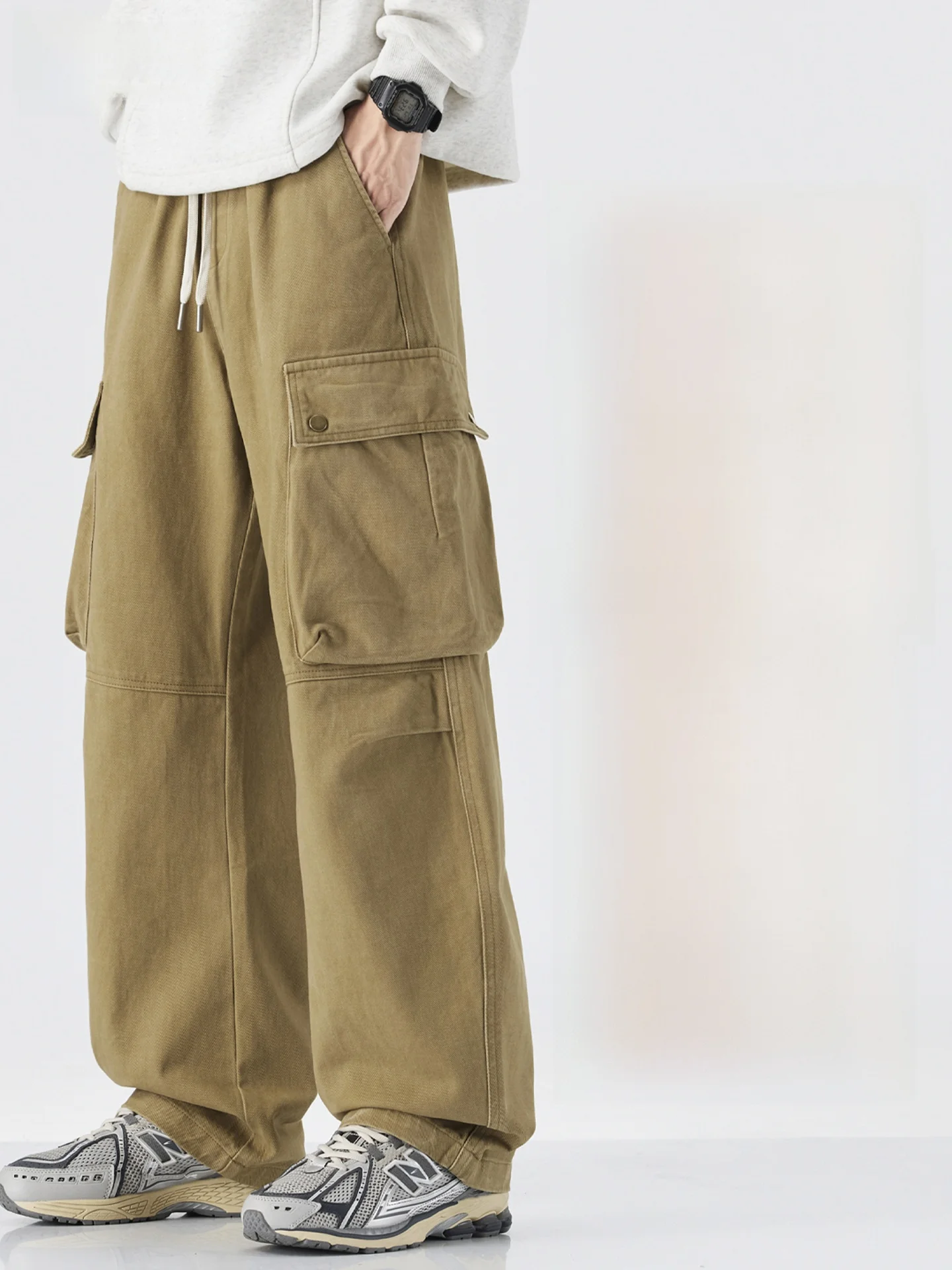 

Мужские рабочие брюки в американском стиле, весенне-осенние, цвета хаки, с множеством карманов, свободные, прямого кроя, из чистого хлопка, широкие брюки