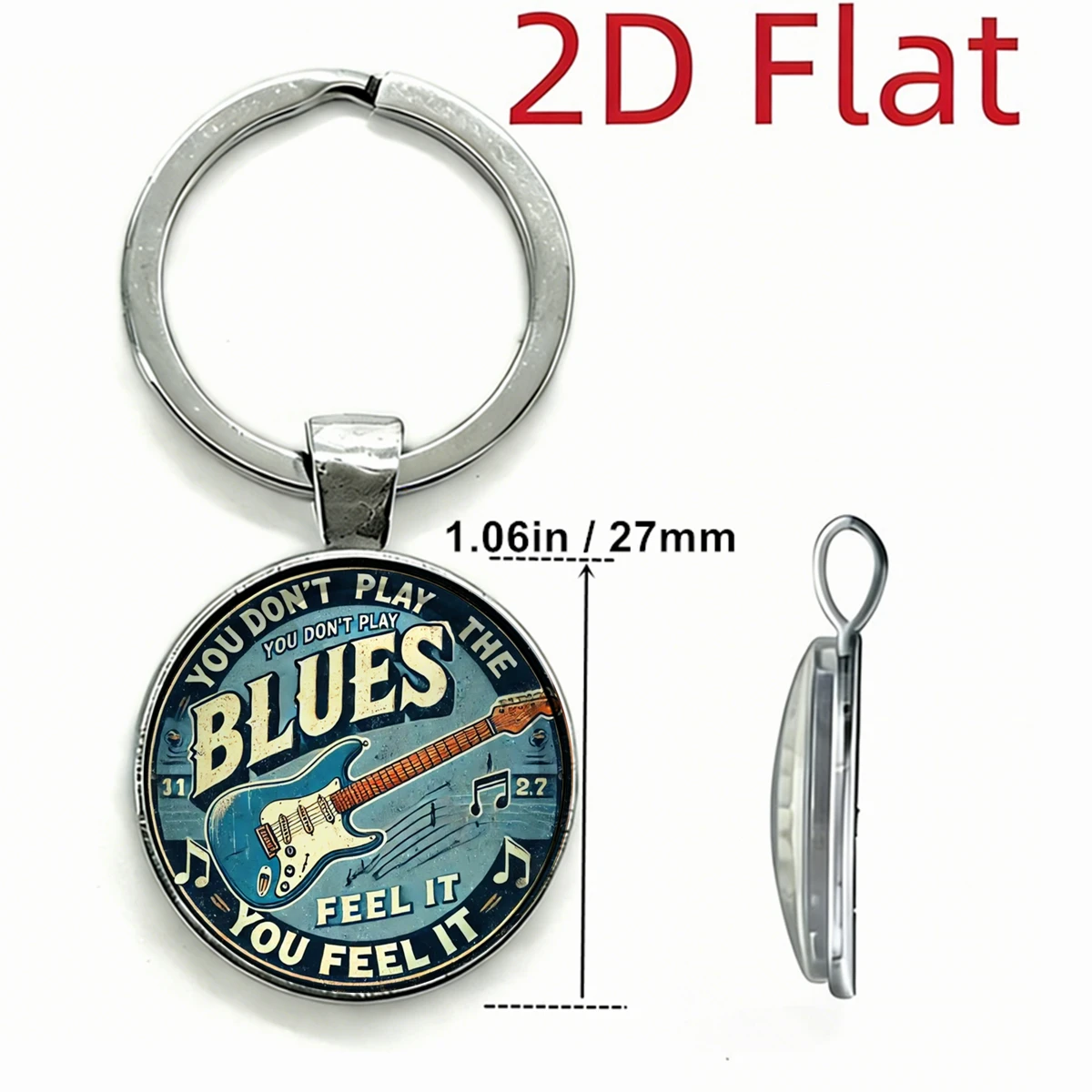 1PC Vintage Blues Guitar 2D Glass Dome Keychain You Don't Play The Blues You Feel It Music Lover Metal Keyring For Guitar Player