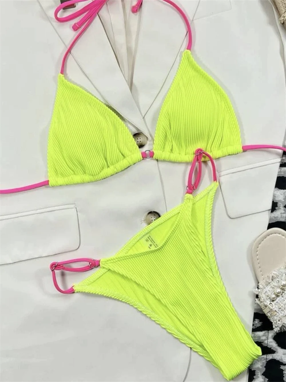 Sexy Micro Rings String Bikini Ribbed Swimsuit Women Backless Vacation Swimwears Block Color Y2k Beach Outfit Bathing Suit Traje