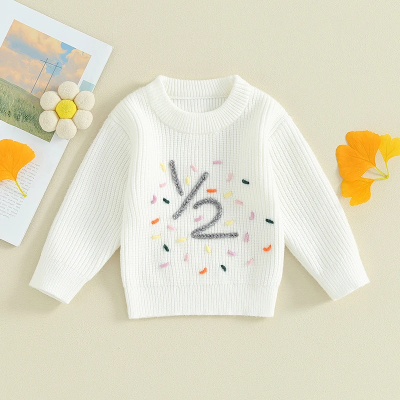 3-12M Baby Girls Sweater 1/2 Birthday Clothes Number Embroidery Crew Neck Long Sleeve Pullovers Infant Cute Jumpers Tops