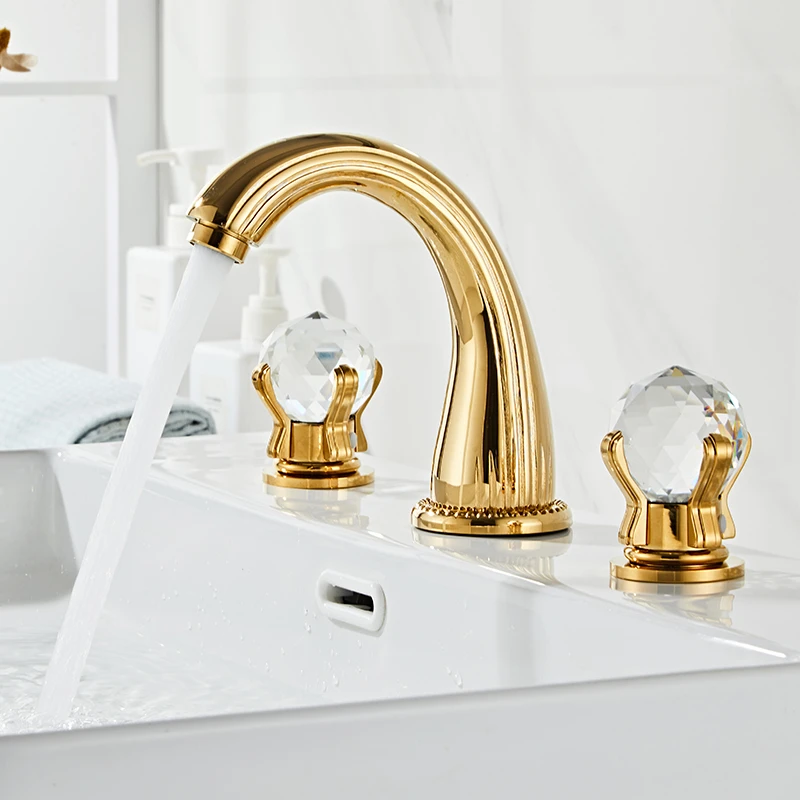 All copper three hole installation washbasin faucet, antique brushed bathroom cabinet basin faucet, cold and hot dual handle