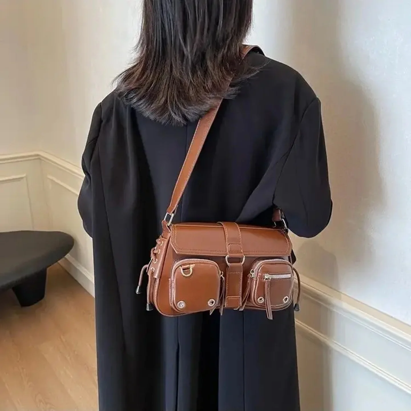 

Gothic Harajuku Bla Aesthetic Punk oulder Handbag Casual Simple Sle with Lo Soft PU Leather Daily Use Bag