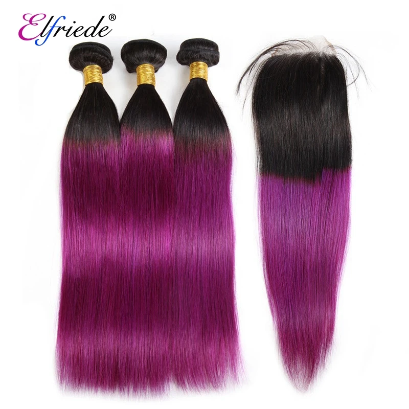 Elfriede Ombre 1B/Dark Purple Straight Hair Bundles with Closure 100% Human Hair Sew In Wefts 3 Bundles with Lace Closure 4x4