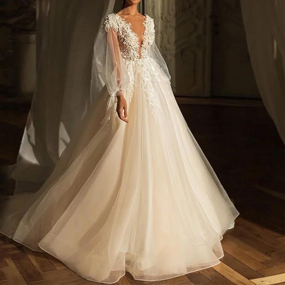 

Princess Tulle Wedding Dress Scoop Neck Lantern Long Sleeves Classic A-Line Floor Length with Applique Backless Bridal Gowns