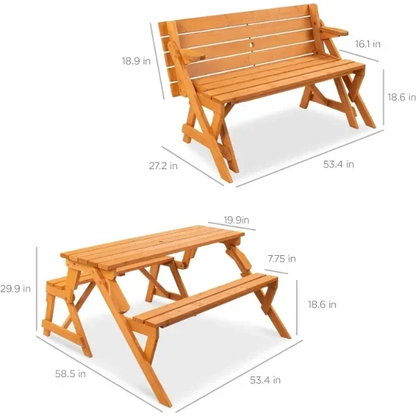 Best Choice Products 2-in-1 Transforming Interchangeable Outdoor Wooden Picnic Table Garden Bench for Backyard, Porch