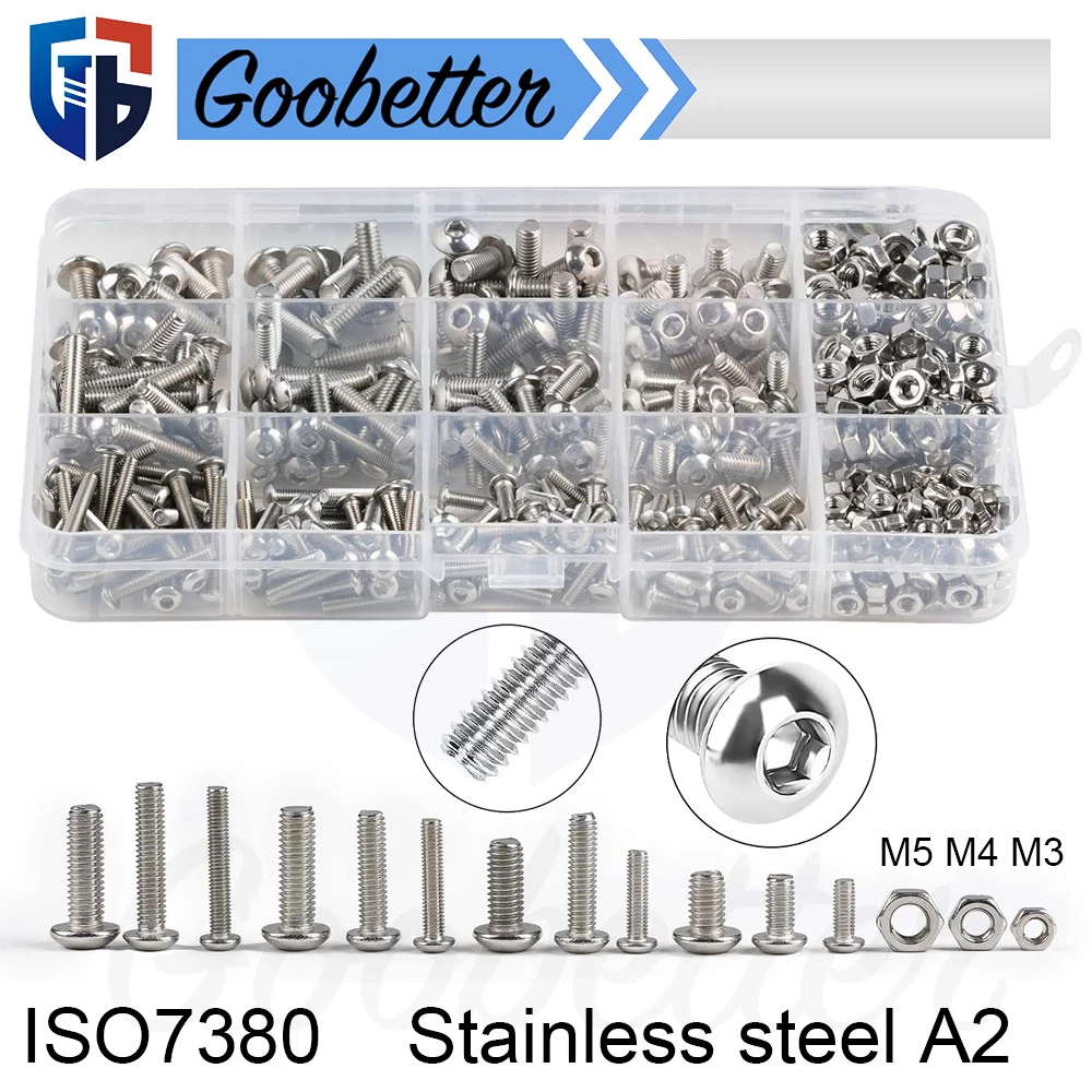 

500Pcs Pan Head Bolts Nuts Assortment Kit M3 M4 M5 Round Button Head Metric 304 Stainless Steel A2 Hex Socket Hexagon Screw