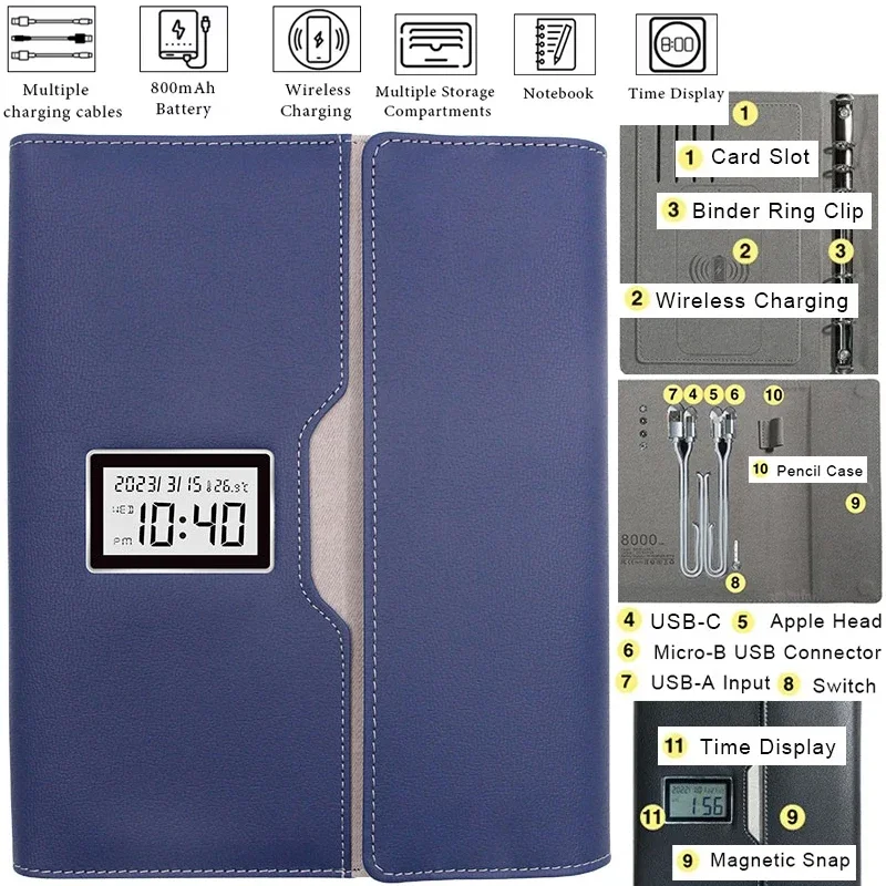 8000mAh Smart Notebooks with Time Date Temperature Function 5V 2A USB Wired One-to-Four Charging + Wireless Charging Notebook