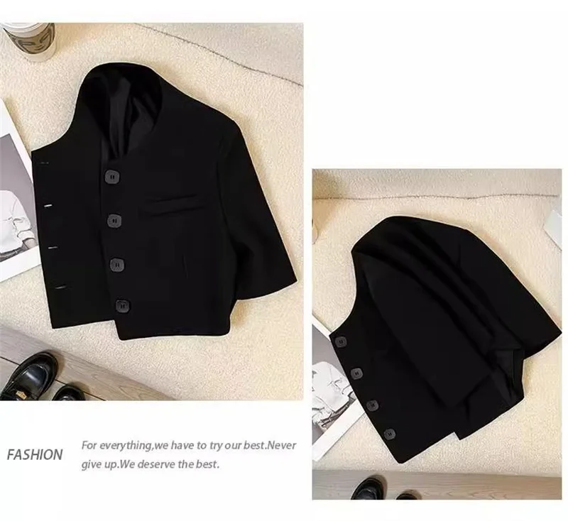 เสื้อแจ็คเก็ตผู้หญิงสีดำแบบสั้น เสื้อคลุมสูทผู้หญิงคุณภาพสูง สไตล์ลำลอง เสื้อคลุมคาร์ดิแกนทรงหลวม เสื้อแจ็คเก็ตบางสไตล์สตรีท
