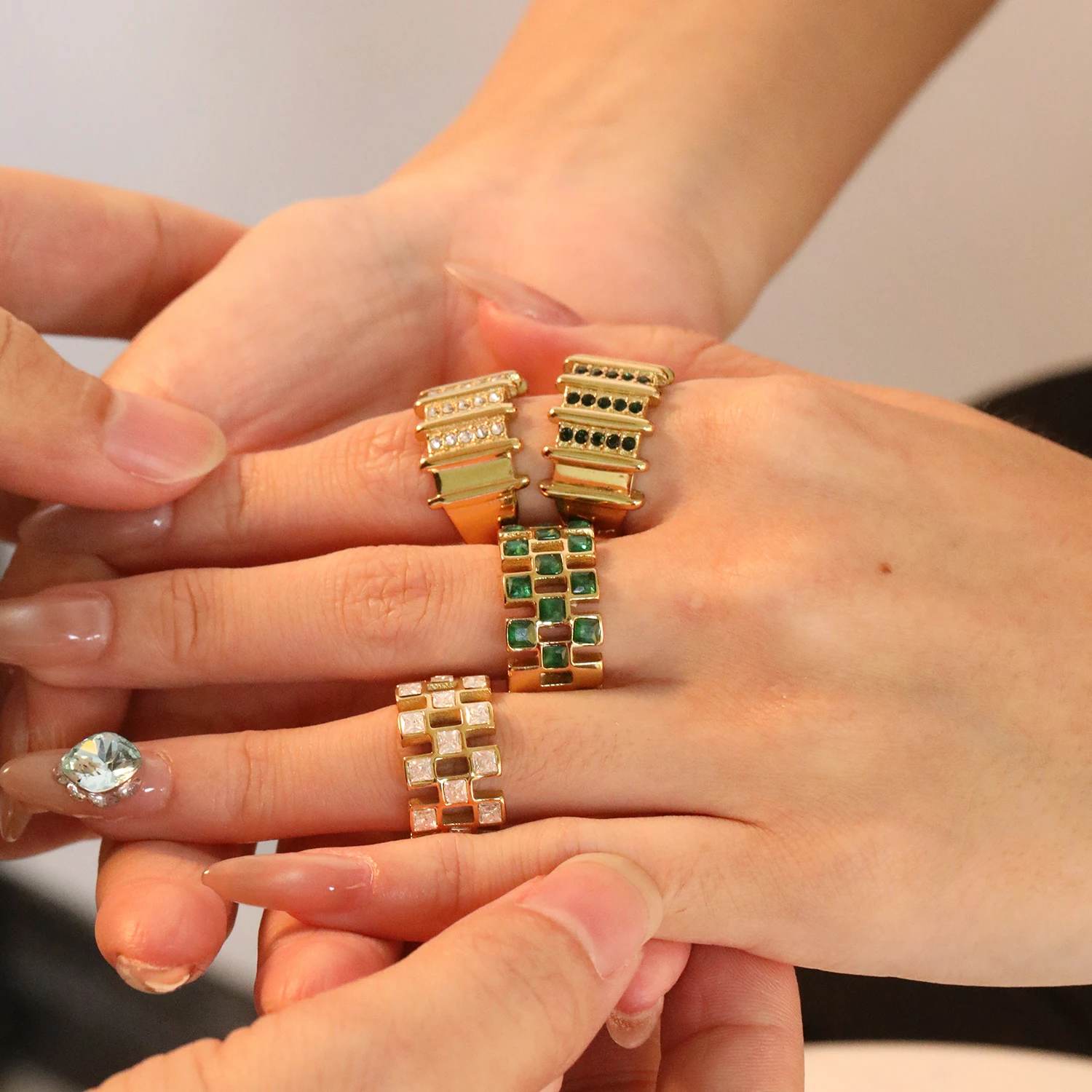 

LUXUKISSKIDS Luxury Thick 11mm Width Clearly Green White Square Zirconia Rings Woman Wedding Statement Stackable Finger Jewelry