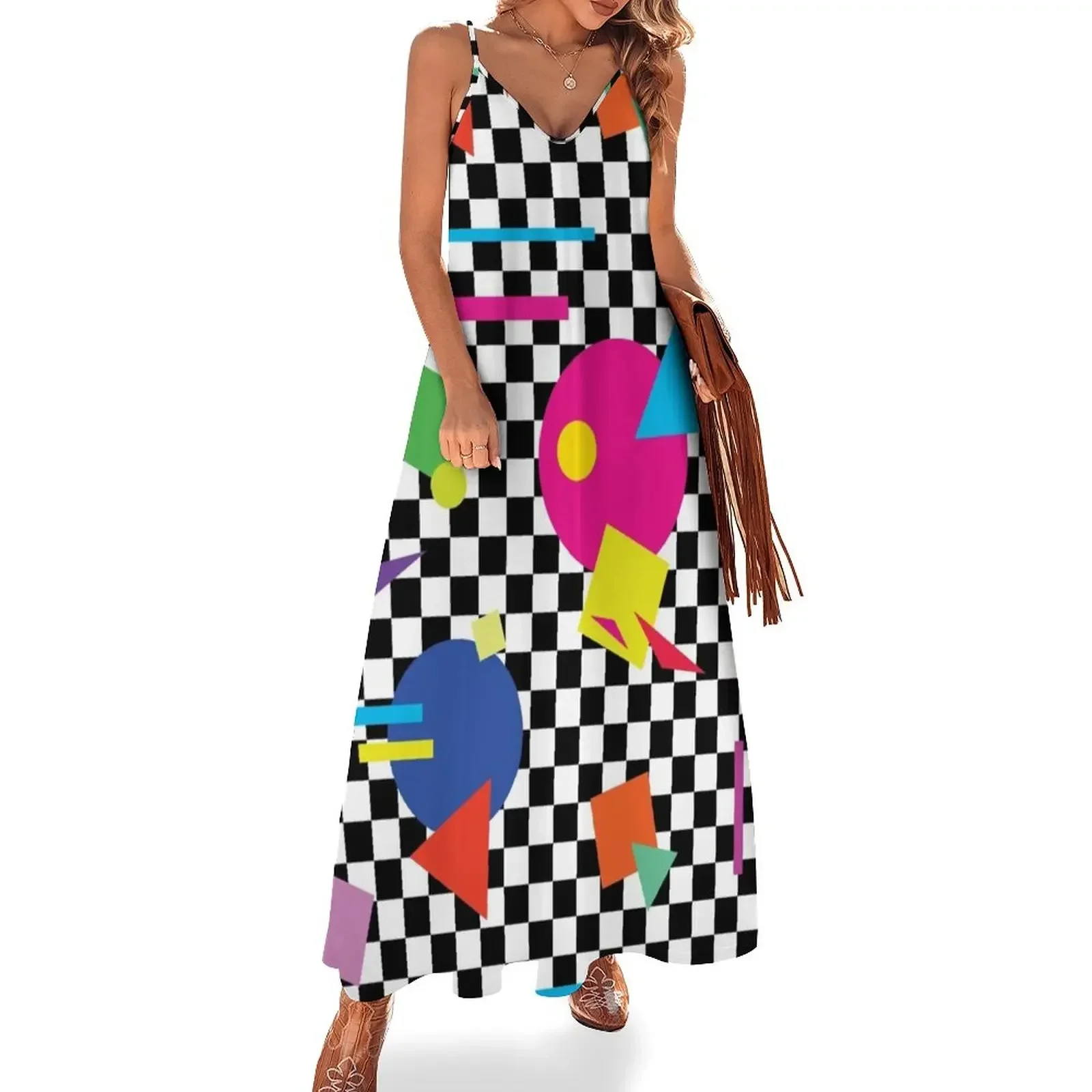 

Retro Classic 1980s Shapes On Black and White Check - Retro Shapes #1 Sleeveless Dress Beachwear Dress