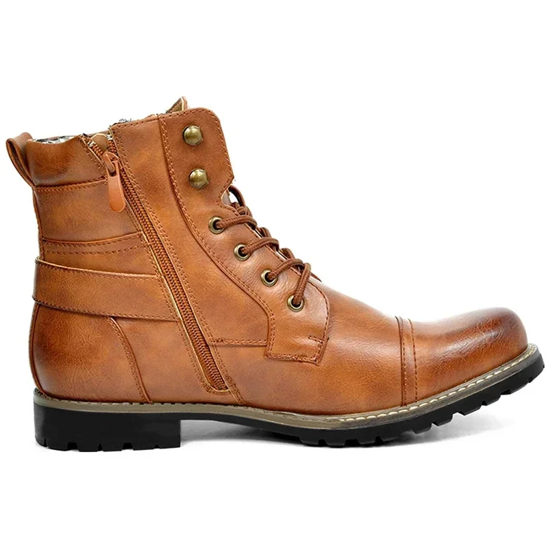 Botas de couro com zíper duplo masculino, bota de motocicleta casual, metal, sapatos masculinos