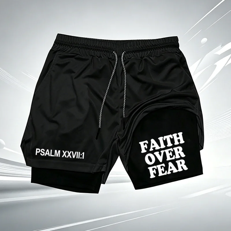 

Christian Faith Graphic Double Layer Sports Shorts Men's Quick Dry Breathable Training Shorts with Phone Pocket wx240