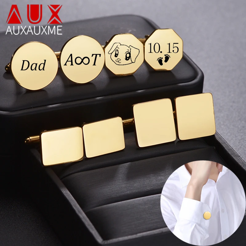 

Auxauxme Custom Multi-Style Men Cufflinks Stainless Steel Personalized Laser Engraved Name Logol Date Shirt Button Cuff Jewelry