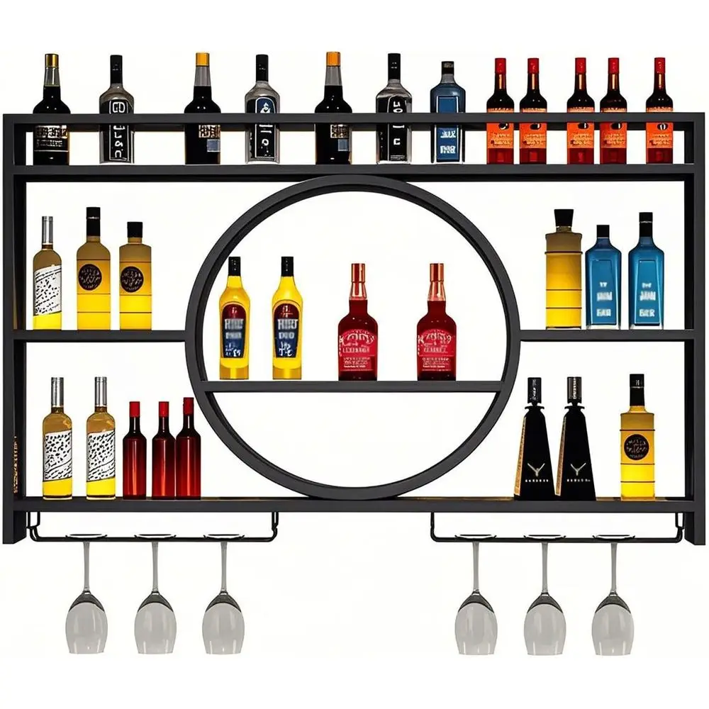 

3-Tier Wall-Mounted Wine Rack with LED Light and Glass Holder, Ideal for Home Bar, Dining Room, Kitchen (Black, 39.4in)