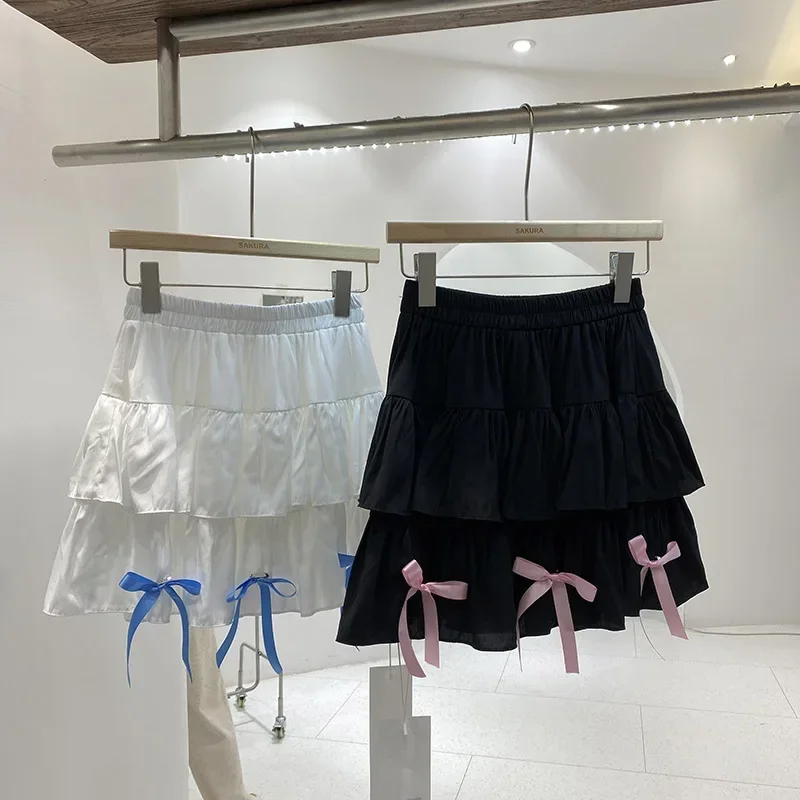 Jirai Kei Bow Ribbon Skirt Women's Summer Lotus Leaf Edge Splicing White Cake Skirts 2024 Korean Fashion High Waist Short Skirt