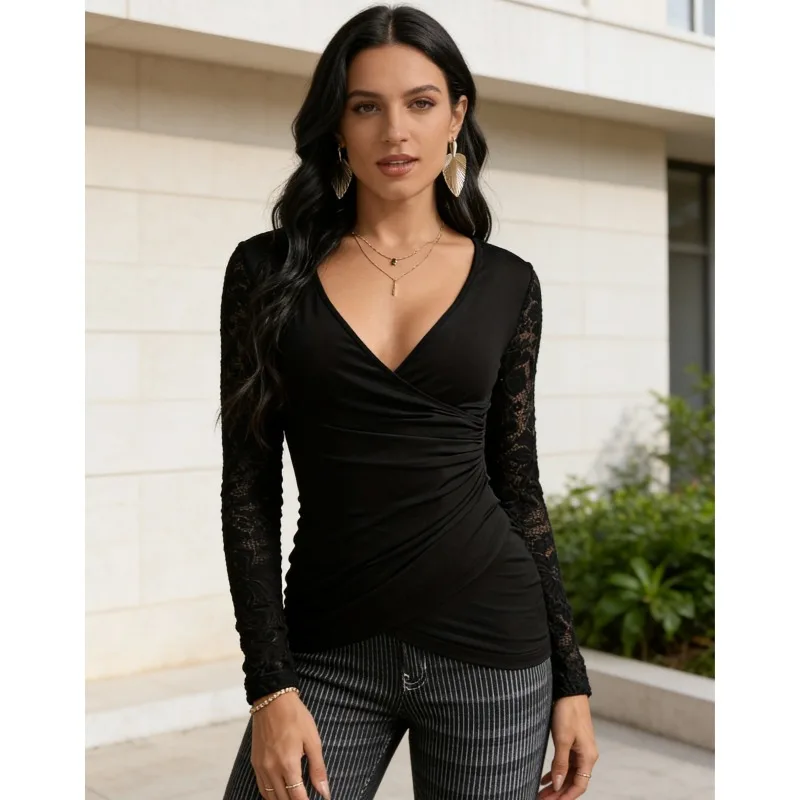 الخامس الرقبة الكورية الأسود المرقعة الدانتيل بأكمام طويلة سليم صالح المرأة قمة الربيع والخريف موضة كروس بلوزة أنيقة جديدة