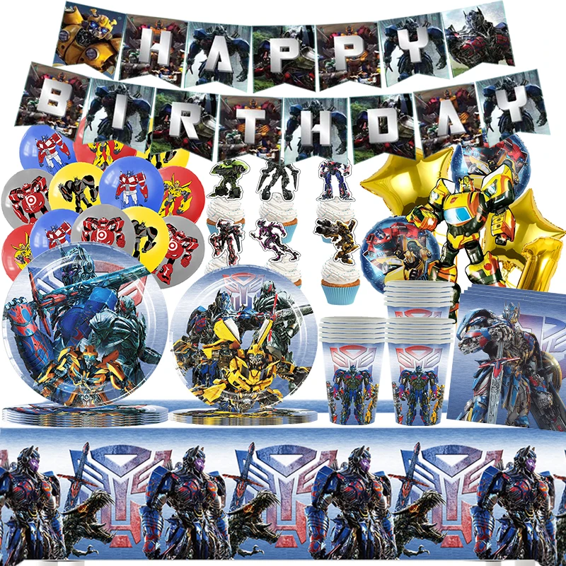 Transformers Party Decoration Birthday Party Supplies Boy Favors Hero Tableware Cup Plate Cake Topper Festivel Family Transform