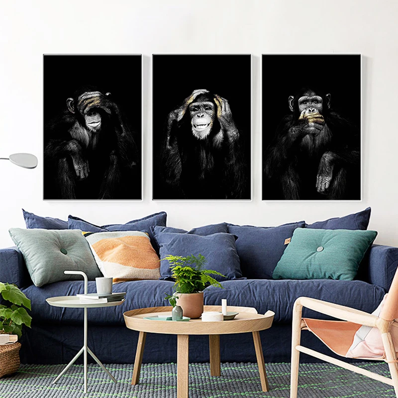 Big Size Wall Poster Canvas Painting Animal Wall Art Picture Dark 3 Funny Monkey Poster and Print for Living Room Home Decor