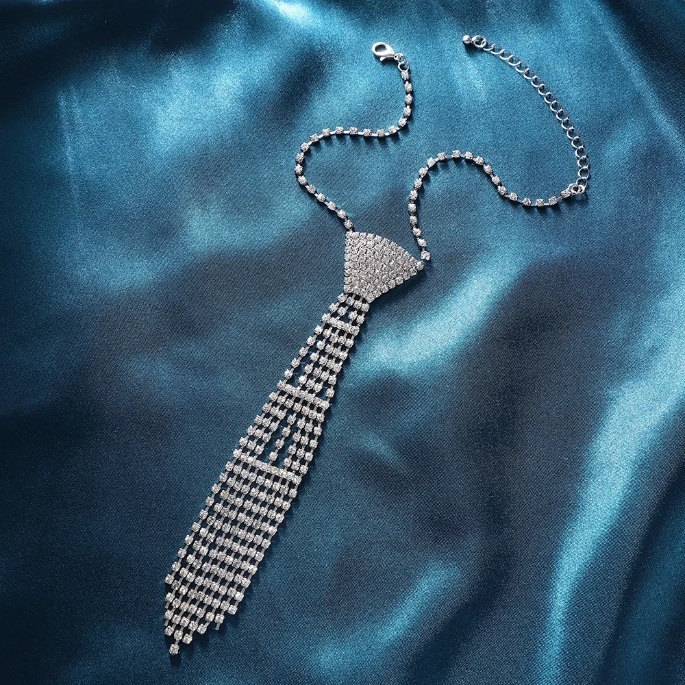 

Korean Style Y2K Rhinestone Tassel Necklace Exaggerated Charm Tie Shape Necklace Neck Jewelry Luxury Crystal Chain Choker Women