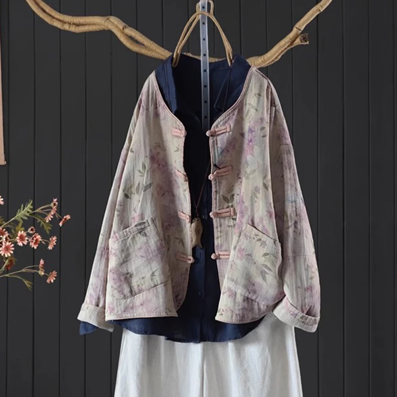 

100% Cotton Women Long Sleeve Casual Coats New Arrival 2025 Spring Vintage Style Floral Print Loose Female Basics Jackets M1706