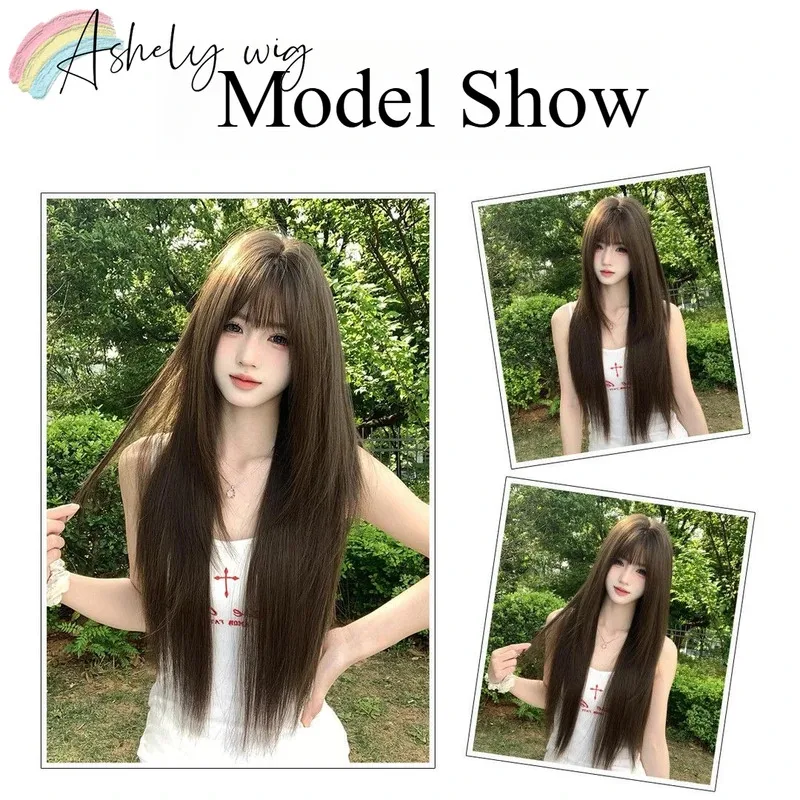 شعر مستعار بني أشلي للنساء، شعر مستعار طويل مستقيم مع غرة من ألياف تتحمل درجات الحرارة العالية، شعر مستعار للاستخدام اليومي