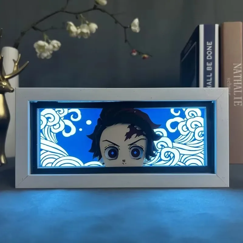 Anime Demon Slayer Paper Carving Lamp Tanjirou Giyuu Inosuke Nezuko Paper Cut Shadow Box Bedroom Decoration Led Light Toy Gifts