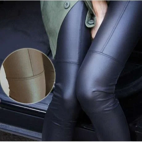 

Slimming Effect Leather Leggings Patchwork Base Pants Long Trousers Synthetic Leather Fabric Ladies Faion Bot Wear
