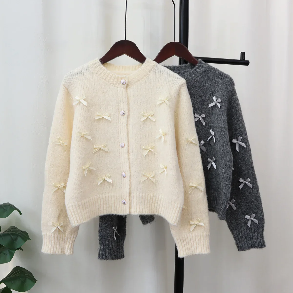 Knitted Sweater Women Cardigan Thick 2024 Bow Pullovers Spring Warm Autumn Winter Jacquard Jumpers Y2k E-girl Jumper Work