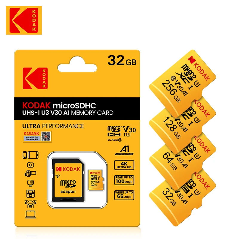 Kodak Memory Card High Speed 100MB/s 32GB A1 Class 10 UHS-I 64GB 128GB Micro SD Card V30 U3 TF Card for Camera Smartphone Game