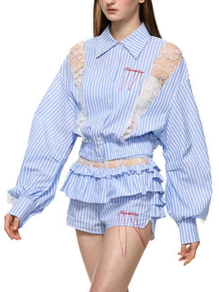 TWOTWINSTYLE Striped Two Piece Sets For Women Lapel Long Sleeve Top High Waist Shorts Patchwork Lace Casual Sets Female Fashion