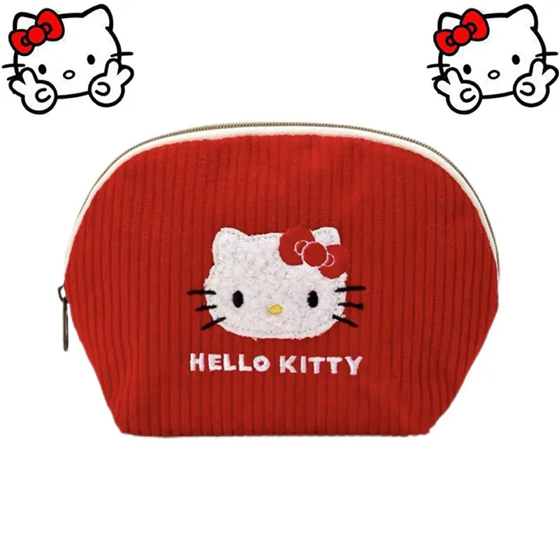 Sanrio Hello Kitty Borse Simpatico cartone animato Gatto Dolce Kawaii Cerniera Ricama Velluto a coste Piccola borsa per il trucco Borsa per il