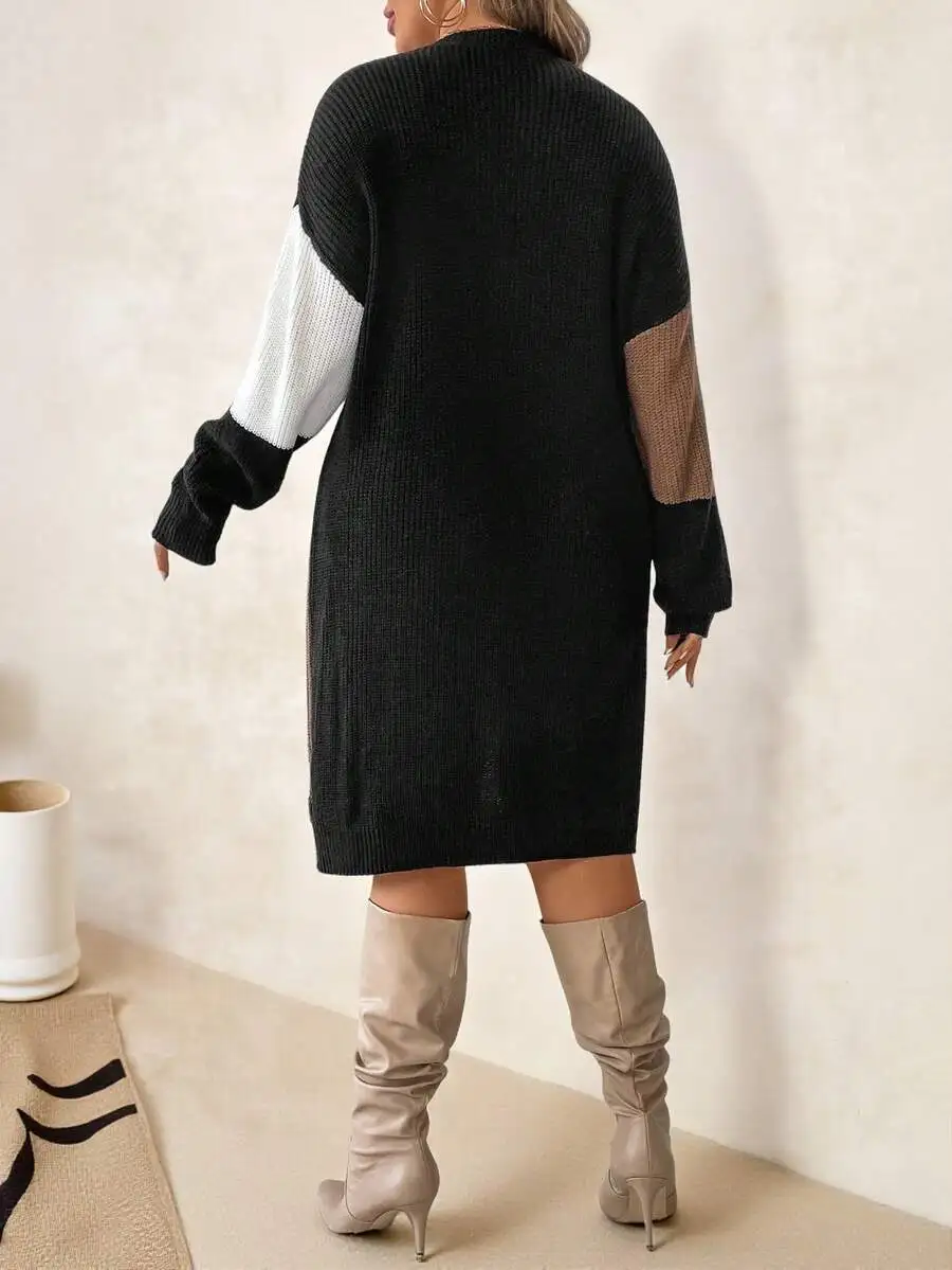 เสื้อสเวตเตอร์ผู้หญิงไซส์ใหญ่ ดีไซน์หรูหรา ตัดต่อสี คอทรงกลม แขนยาว ไหล่ตก ใส่สบาย อุ่น สำหรับฤดูใบไม้ร่วงและฤดูหนาว