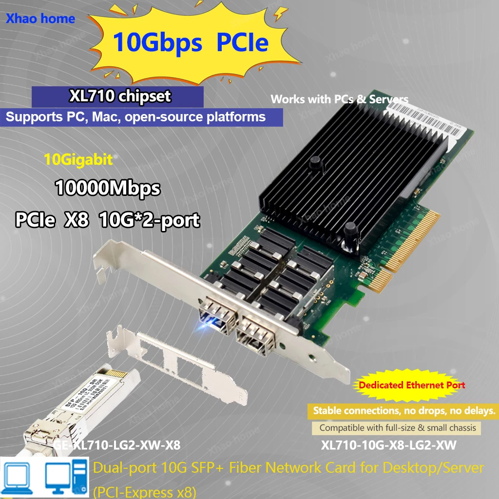10Gbps PCI-E SFP+ Fiber Network Card for Intel XL710 Chip Dual-Port 10G Ethernet LC Single/Multi Mode Industrial Server/Desktop
