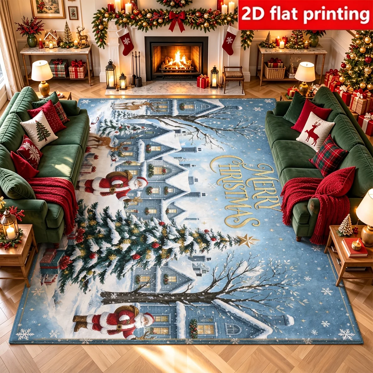 Blue Vintage Truck Christmas Area Rug Snowman Rabbit Bird Snowy Pine Tree Print Large Floor Mat Merry Christmas Decor Carpet