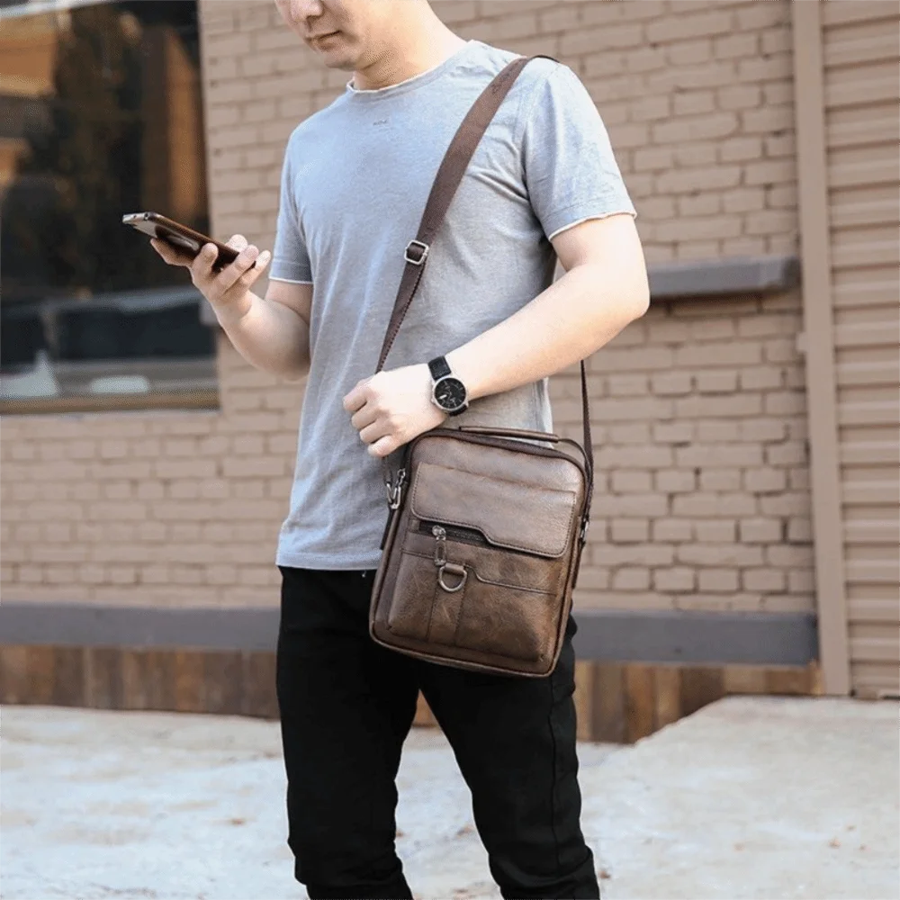 

Portable PU Leather Men Crossbody Bag Vintage Large Capacity Business Messenger Bag Waterproof Shoulder Bag Office