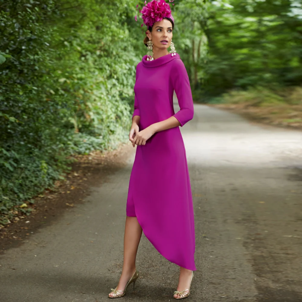 

Fuchsia Mother of the Bride Dress 3/4 Sleeves 2022 Ankle-Length Sexy Sheath Formal for Elegant Robe De Soirée