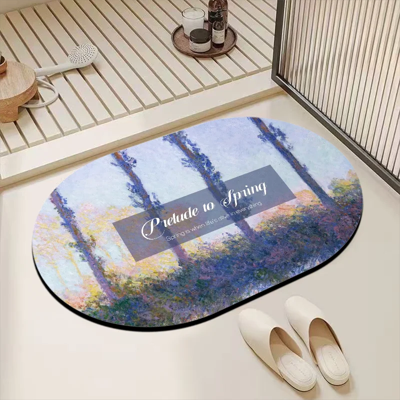 Ins Style Oval Bathroom Mat Quick Drying Non Slip Floor Rug Minimal Houndstooth Cartoon Animal Art Print Shower Doormat