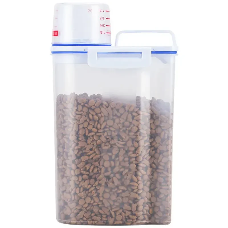 1 Stück Luftdichter Tierfutter-Aufbewahrungsbehälter, 1,5kg/2kg Plastik-Vorratsdose mit Messbecher für Hunde- und Katzen-Trockenfutter – Detail 3