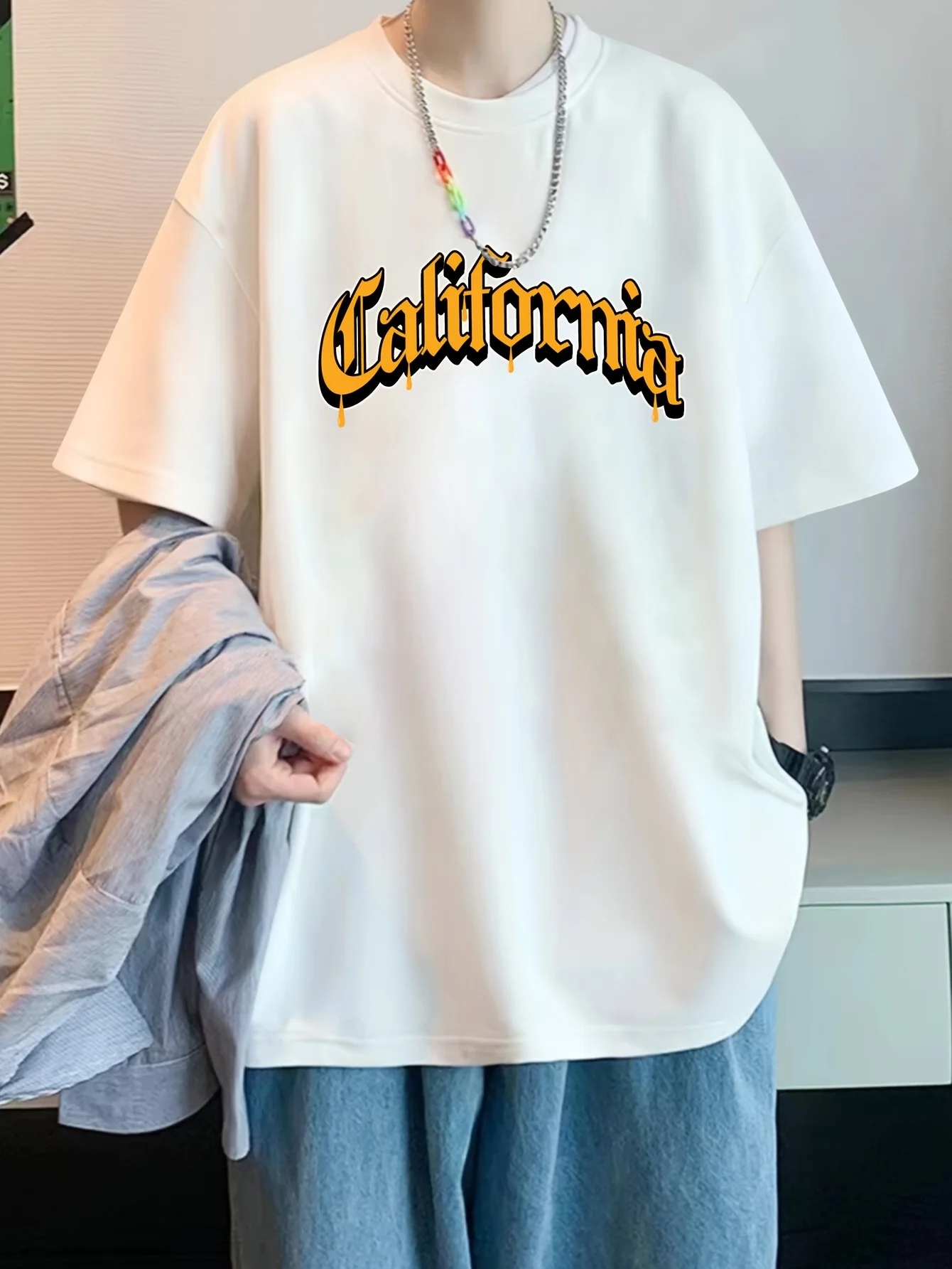 

Мужская повседневная футболка в Калифорнии — дышащий полиэстер, круглый вырез, короткий рукав со стильным буквенным принтом