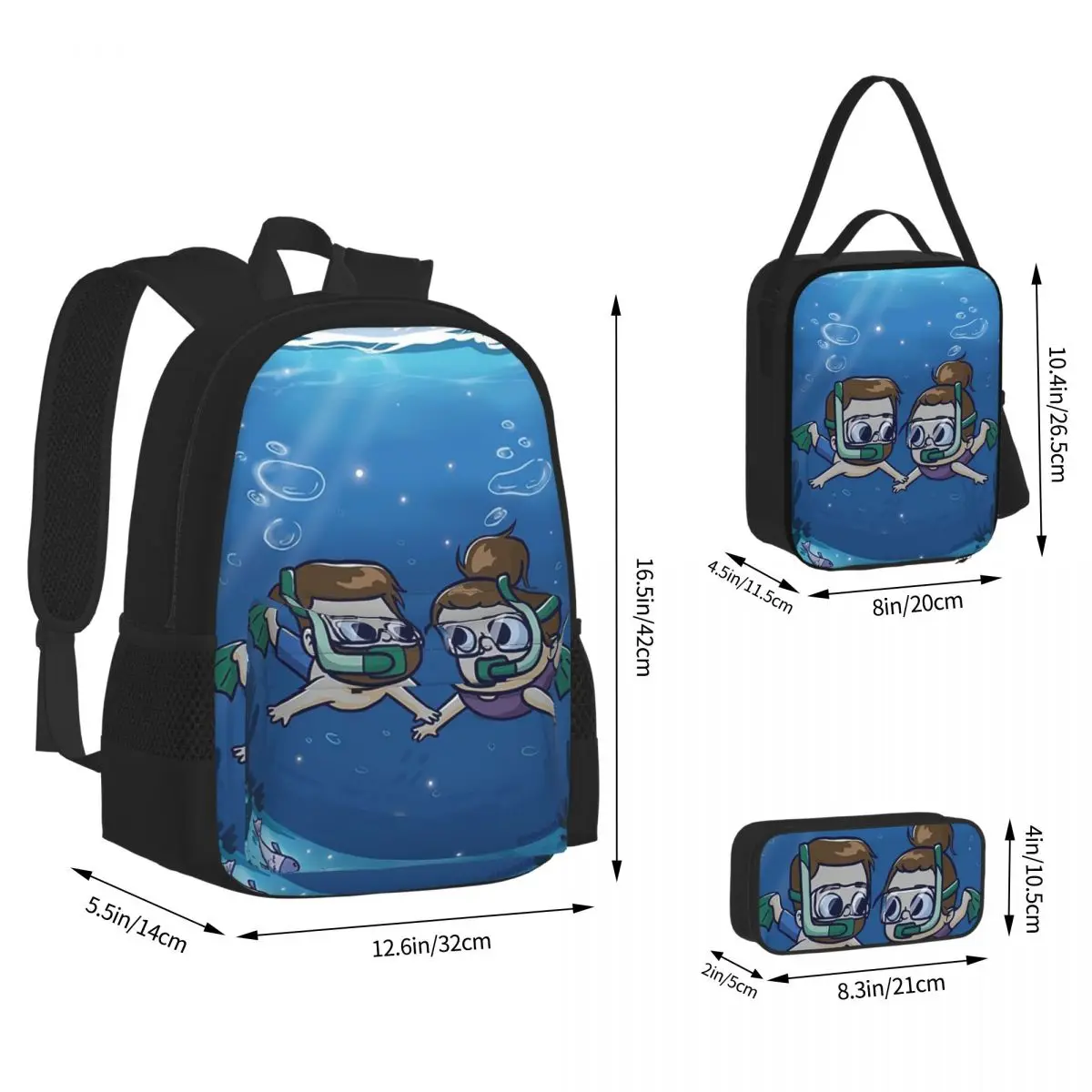 Under Water Couple - Pibubear Backpacks Students Bookbag School Bags Children Rucksack Lunch Bag Pen Bag Three-Piece Set