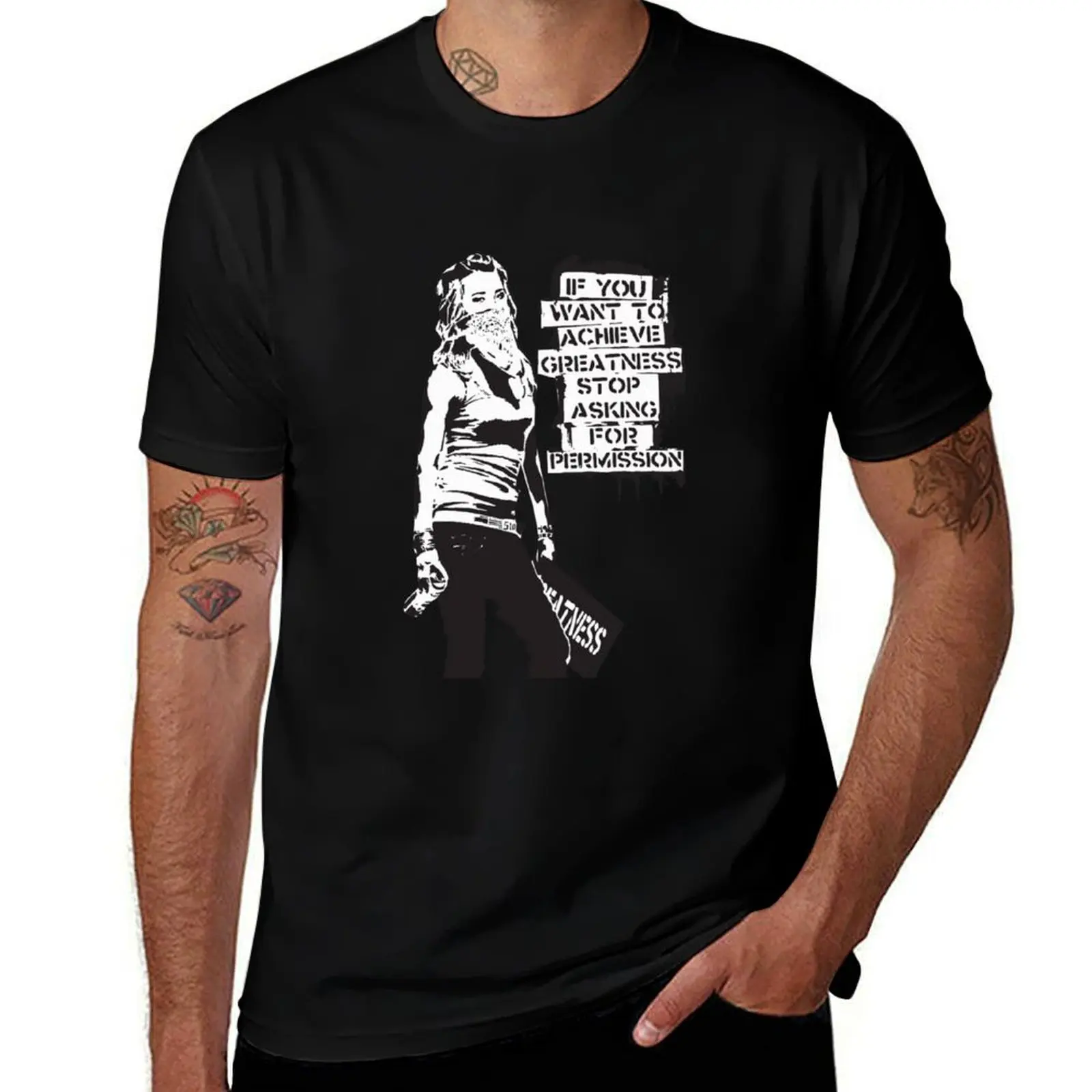 

Banksy quote graffiti If You Want to Achieve Greatness stop asking for permission black and white with Banksy tag signat T-Shirt