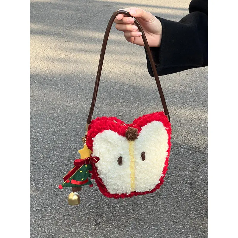 JIAERDI Christmas Red Y2k Crossbody Bag Women Versatile Plush Lamb Wool Cute Apple Bags Ladies Harajuku Aesthetic Handbag Gift