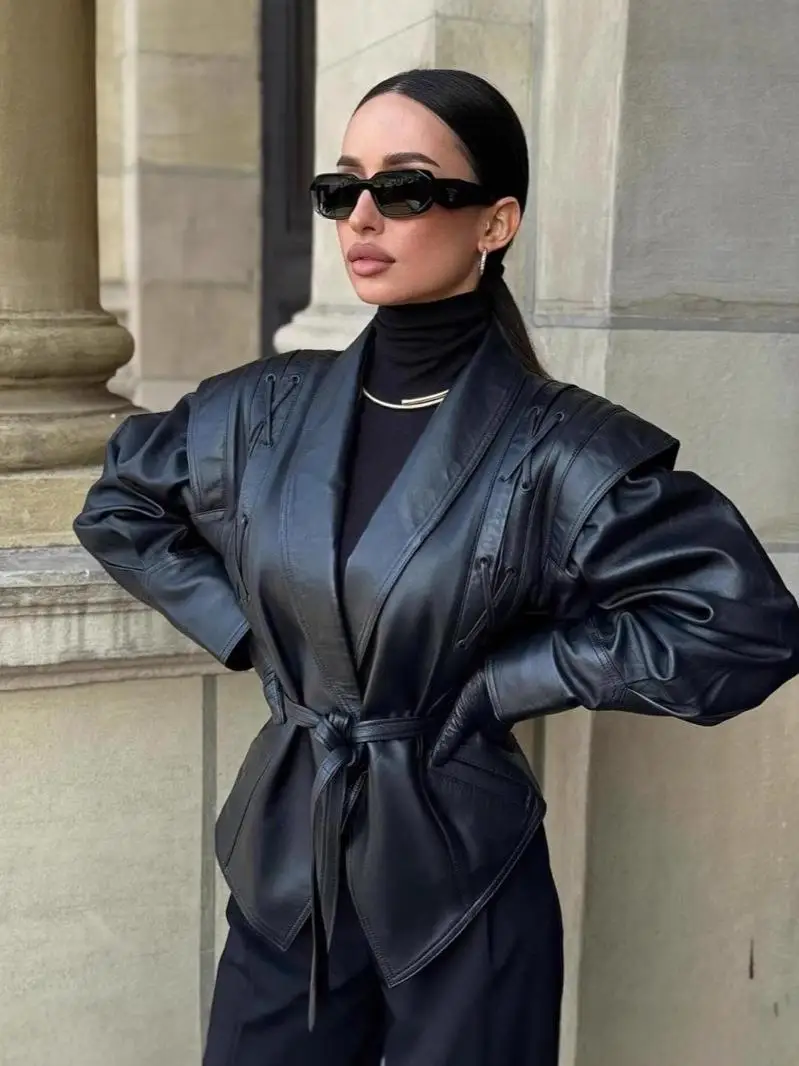 Suninherat Autumn Faux Leather Jacket 2025 Fashion Black PU Jacket Coat with Belt Lapel Women's Outwear